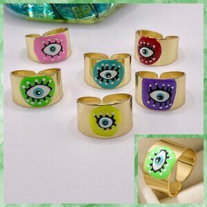 Boho Evil Eye Enamel and Copper Adjustable Ring #1300 NEON GREEN